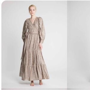 Mille Bianca Dress Luxe Gold Lame Maxi Wrap Balloon Sleeve Sz S Formal Resort